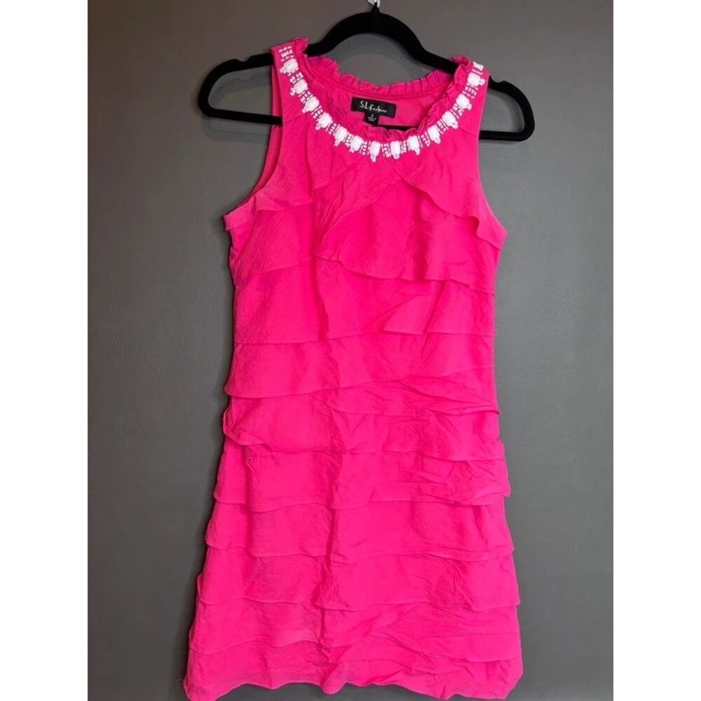 S.L. Fashions Size 6 Hot Pink Tiered Ruffle Dress Beaded Neckline Y2K Party